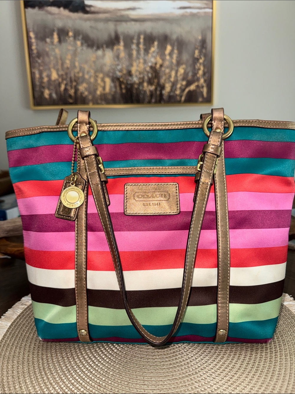 Coach Legacy Striped Tote with Metallic Bronze Trim (not mini)